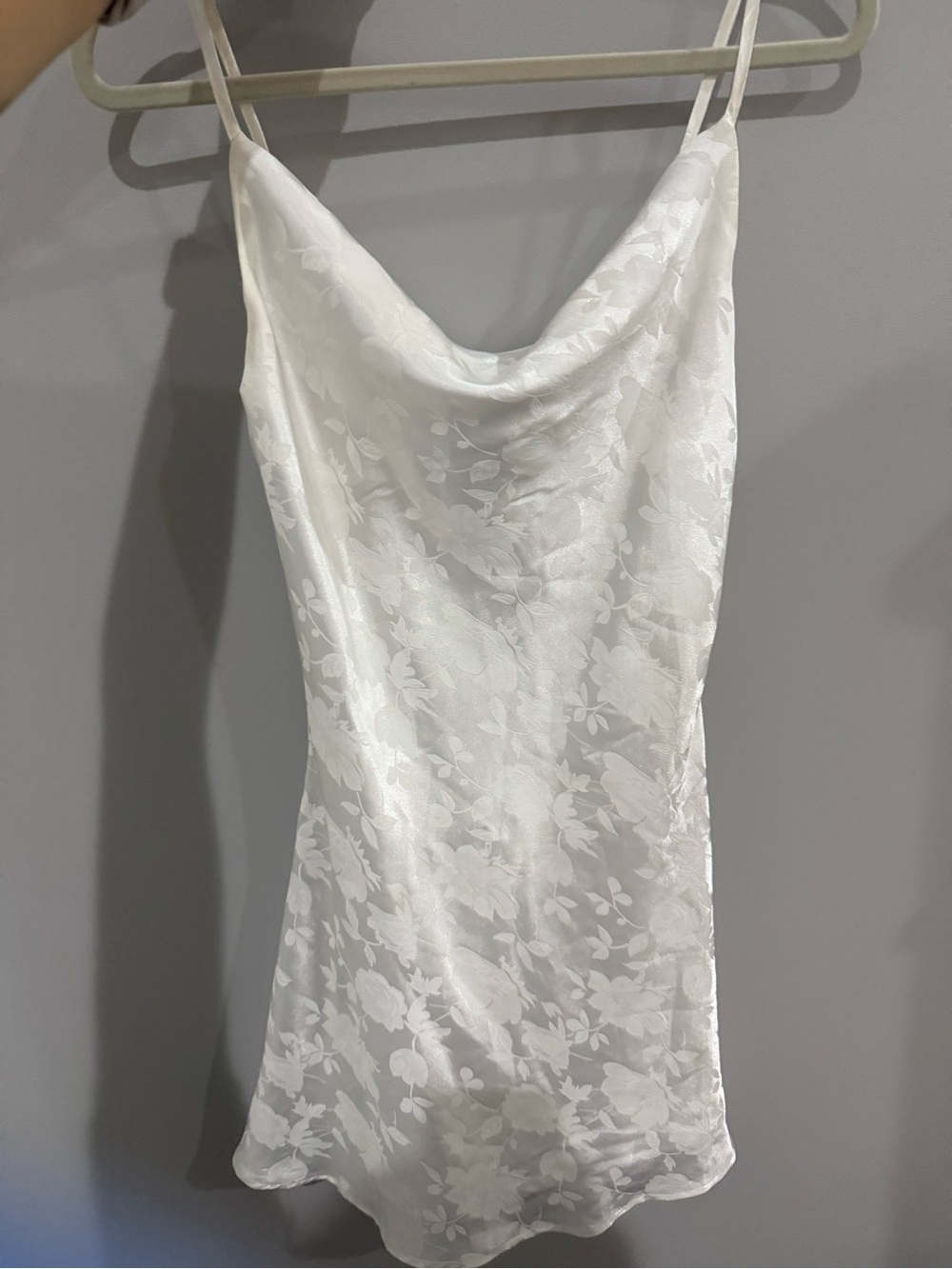 Lulu’s White Floral Satin Cowl Neck Slip Dress